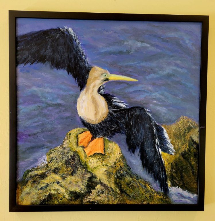 Painting by Era Jo Moorer, Anhinga Drying Out, Silent Auction being held at The Yoga Sanctuary in Downtown Punta Gorda to benefit the Peace River Wildlife Center