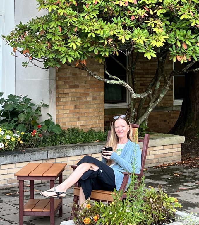 Jennifer French, E-RYT and owner of The Yoga Sanctuary enjoying a cup of coffee at the Himalayan Institute